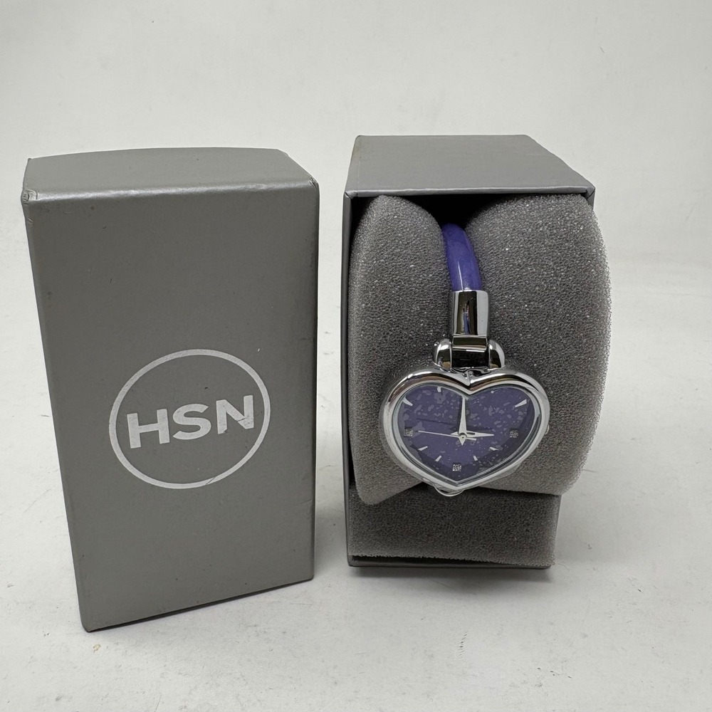 Joy Mangano Purple Heart Bangle Watch‎ Silver Tone Magnetic Clasp Safety Chain